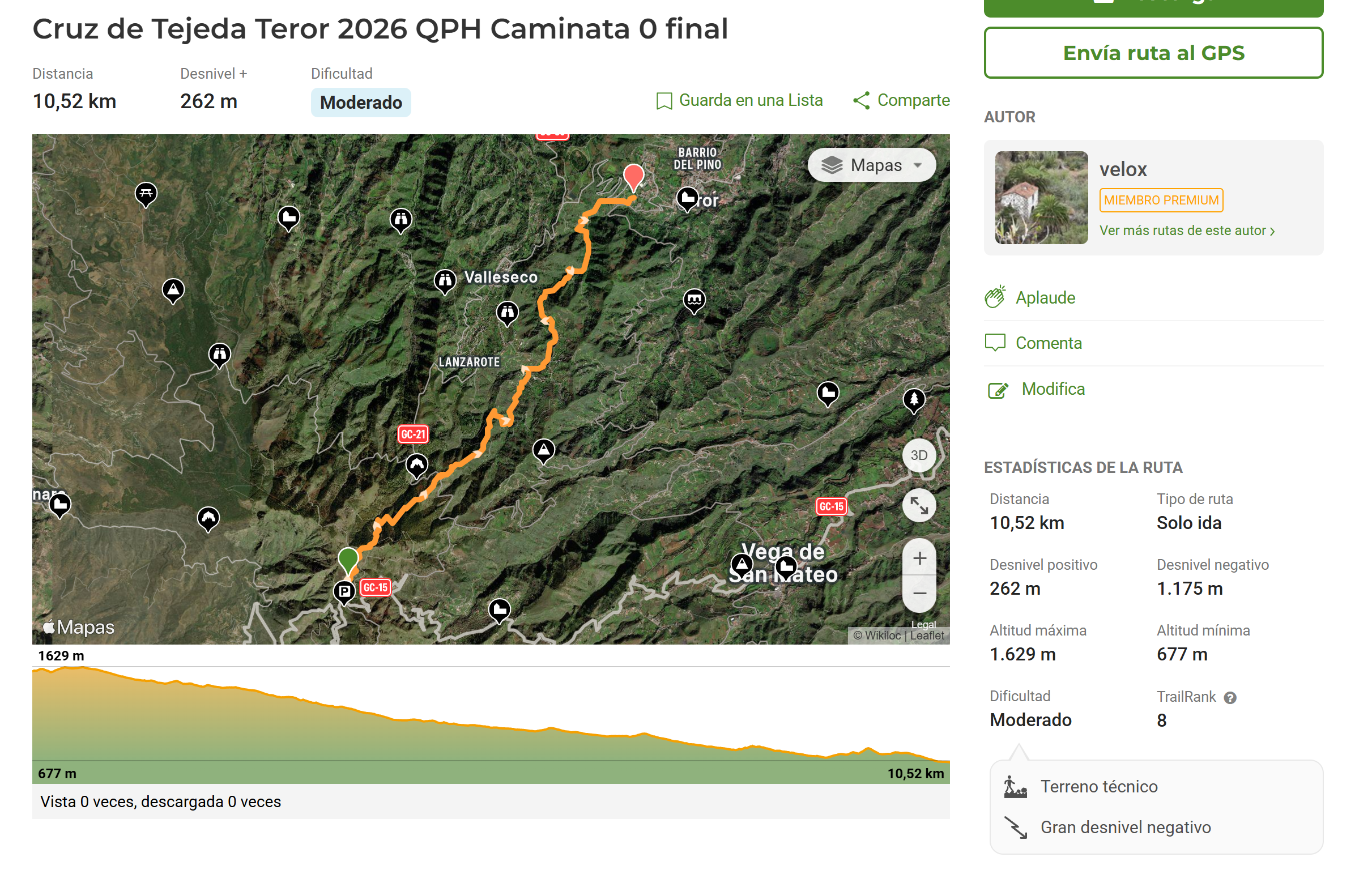 Mapa de la ruta desde Cruz de Tejeda hasta Teror